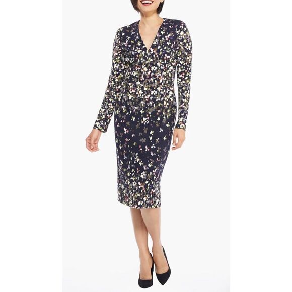 Maggy London Petite Print Scuba Dress in Navy/Yellow, Size 14P - Picture 1 of 16
